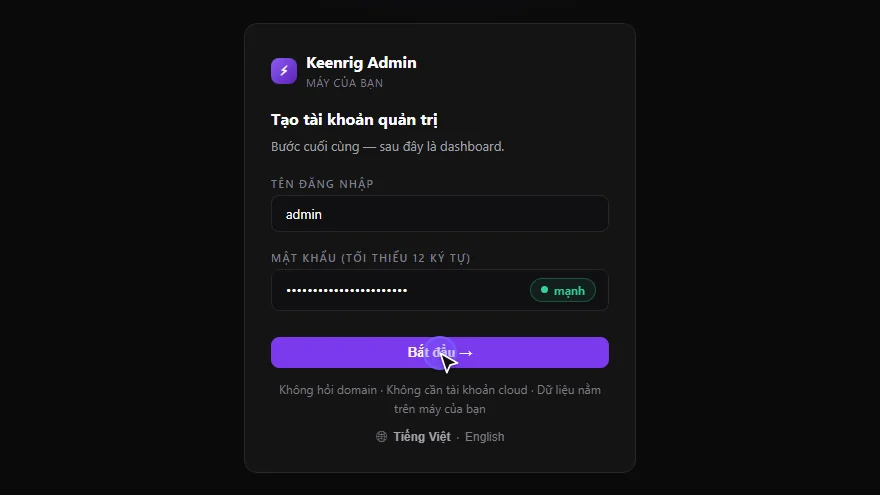 Keenrig Admin quay trực tiếp: tạo tài khoản quản trị, mở danh mục app, cài Nginx và xem nó chuyển từ applying sang running.