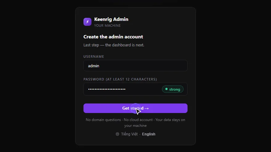 Keenrig Admin, recorded live: create the admin account, open the app catalog, install Nginx, and watch it go from applying to running.